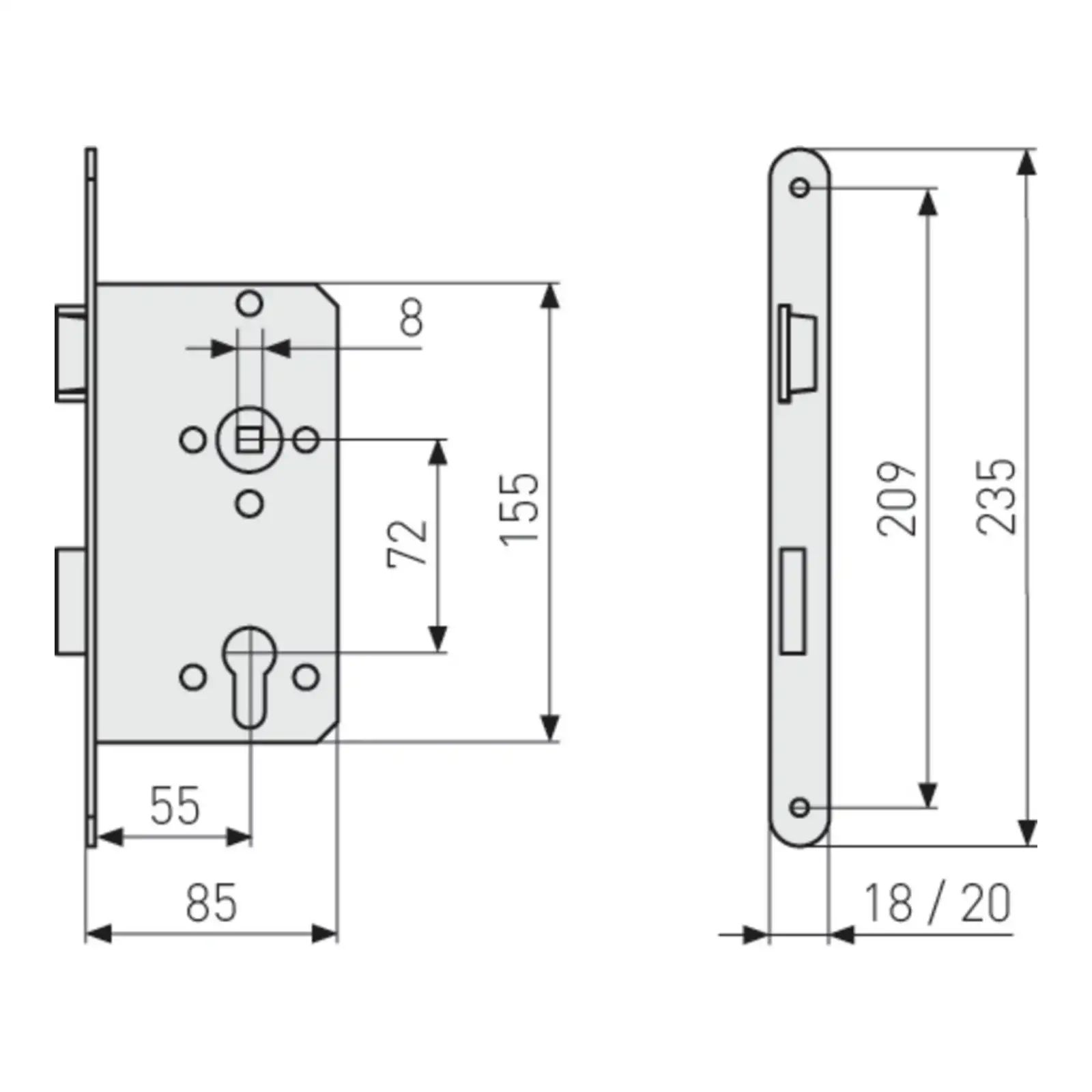 ABUS Einsteckschloss für Wohnungsabschlusstüren ES PZ2, runder Stulp - technische Zeichnung