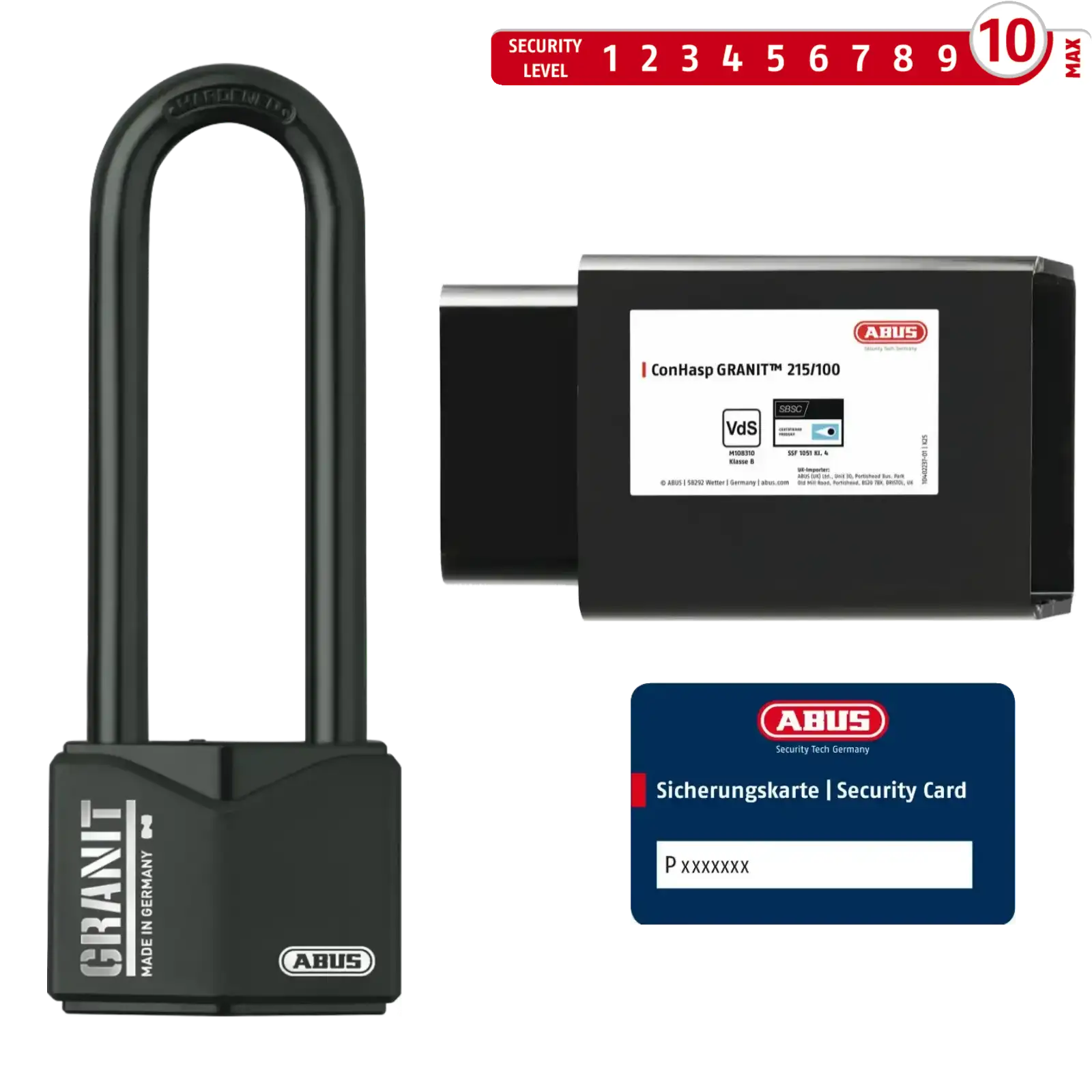 ABUS Containerschloss ConHasp Granit 215 mit Vorhangschloss Granit 37/55HB100 und Sicherungskarte