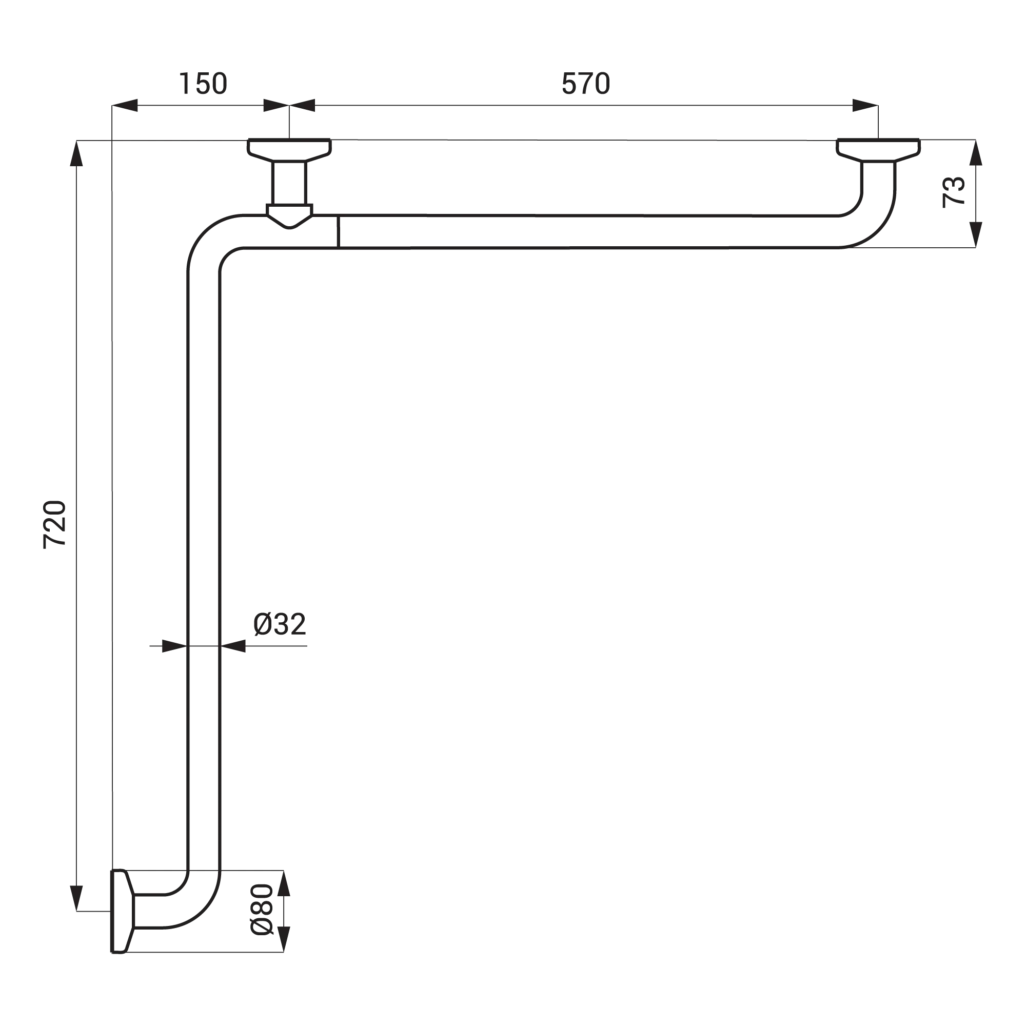 Edelstahl Duschhandlauf 720x720mm - technische Zeichnung
