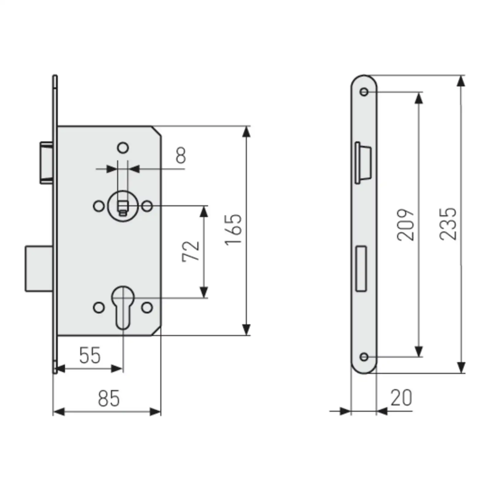 ABUS Einsteckschlösser für Wohnungsabschlusstüren ES PZ3 runder Stulp - technische Zeichnung