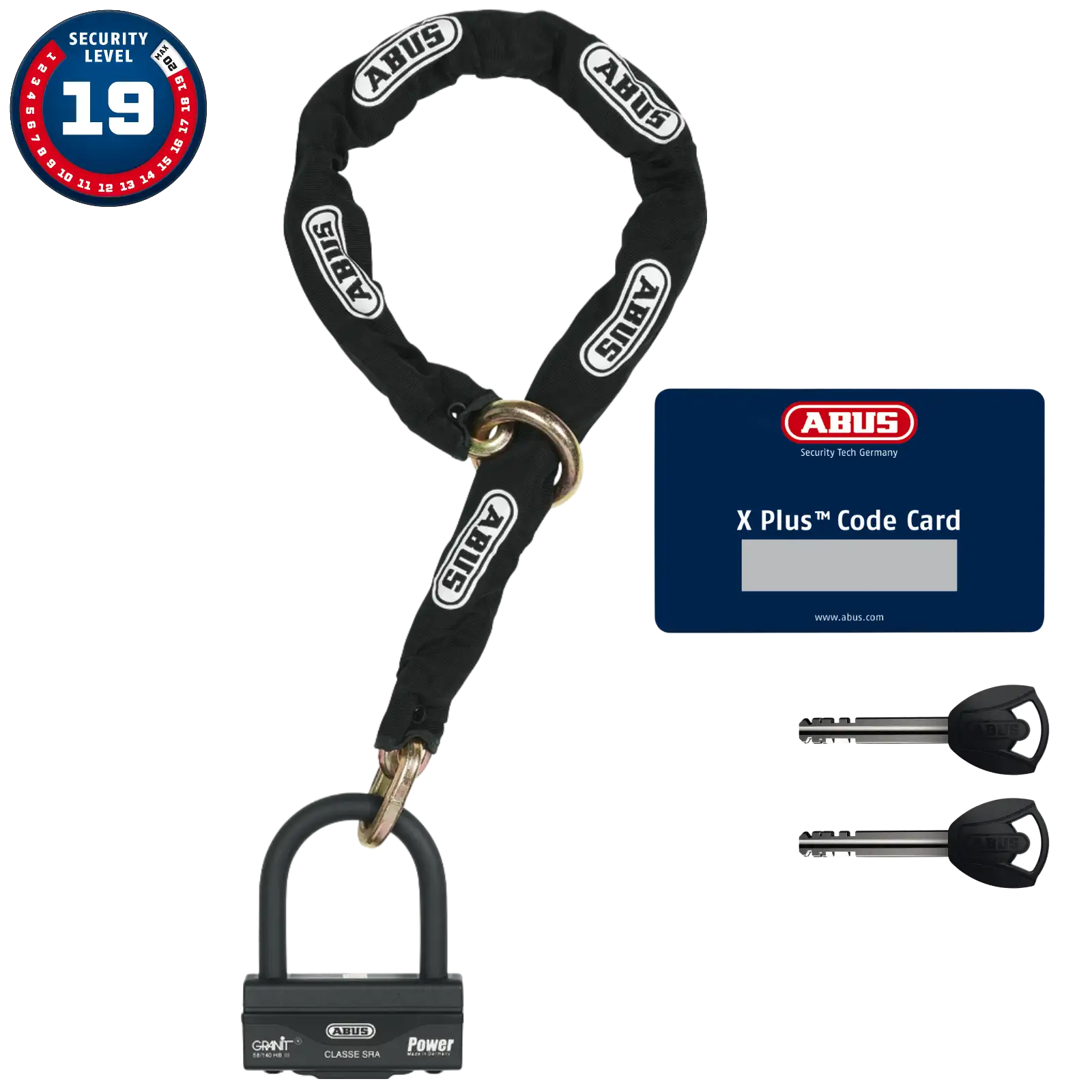 ABUS Motorradschloss Granit Power XPlus 58/140HBIII mit Schlosskette 12KS/120