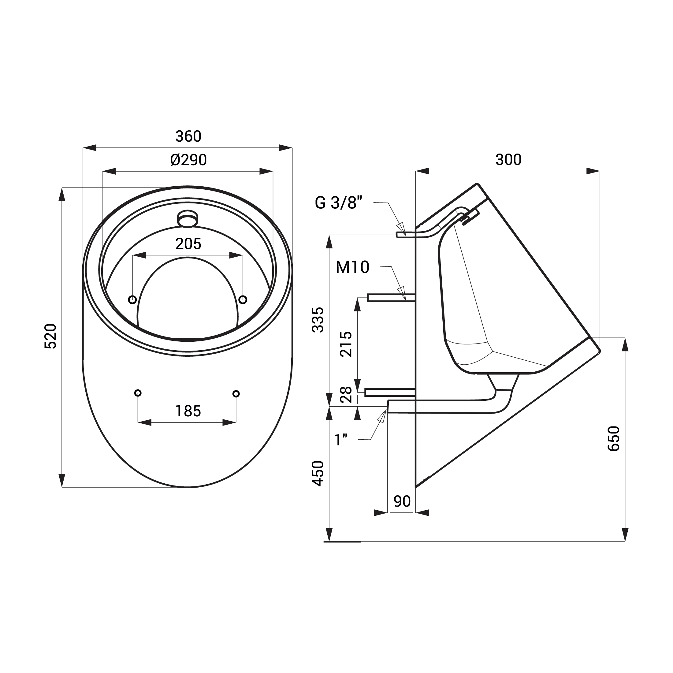 Urinal Edelstahl SLPN06 - technische Zeichnung