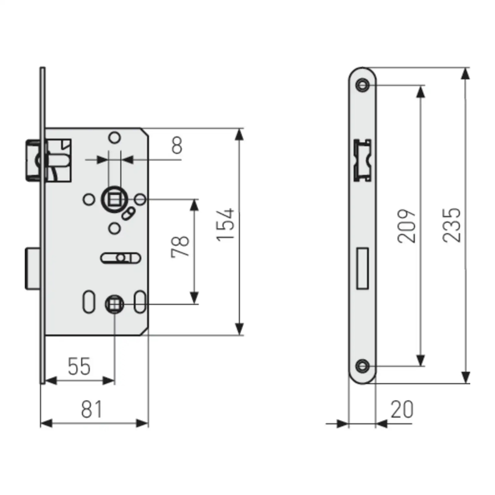 ABUS Einsteckschloss WC-Tür ES Bad universal, runder Stulp - technische Zeichnung