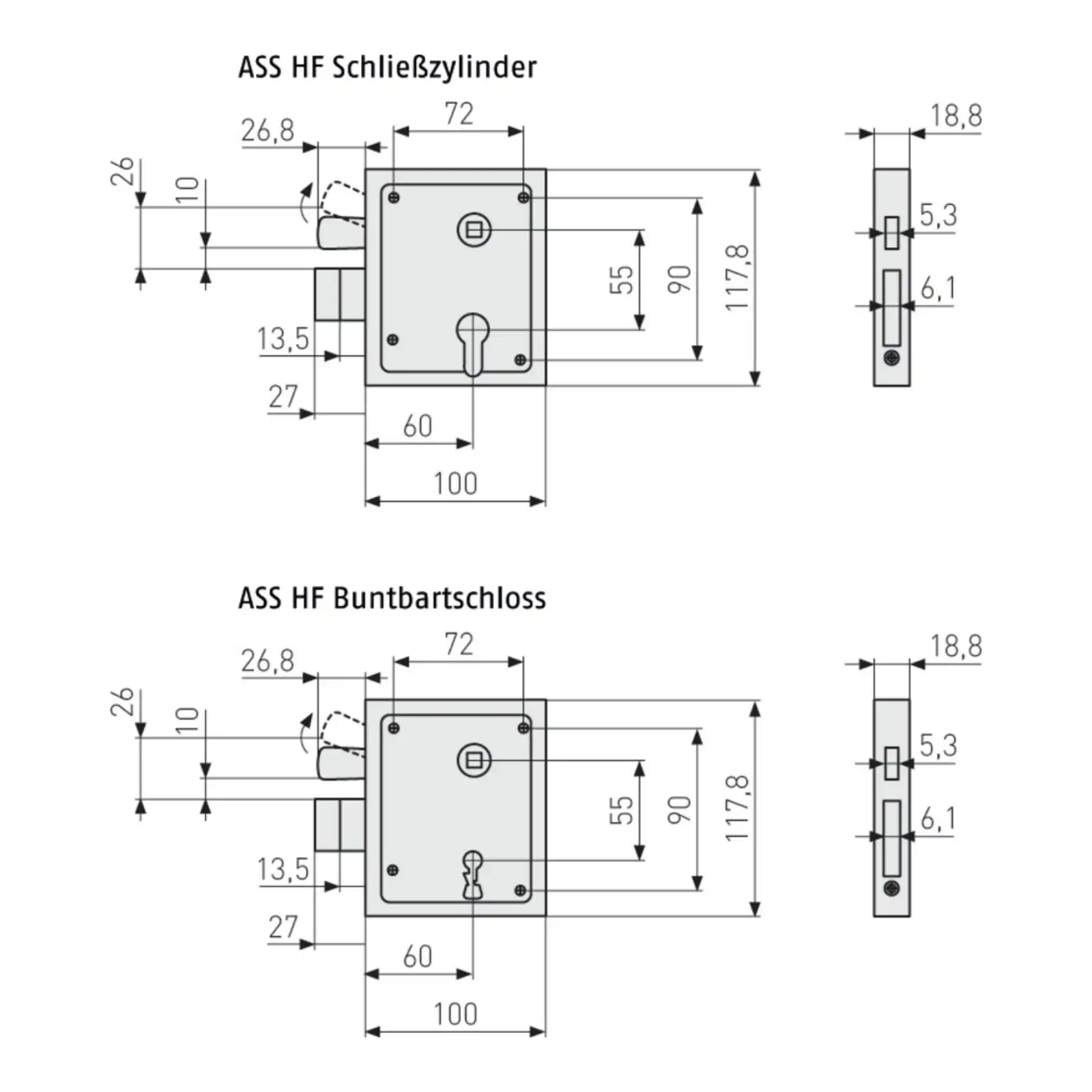 ABUS Aufschraubschloss ASS HF mit hebender Falle - technische Zeichnung