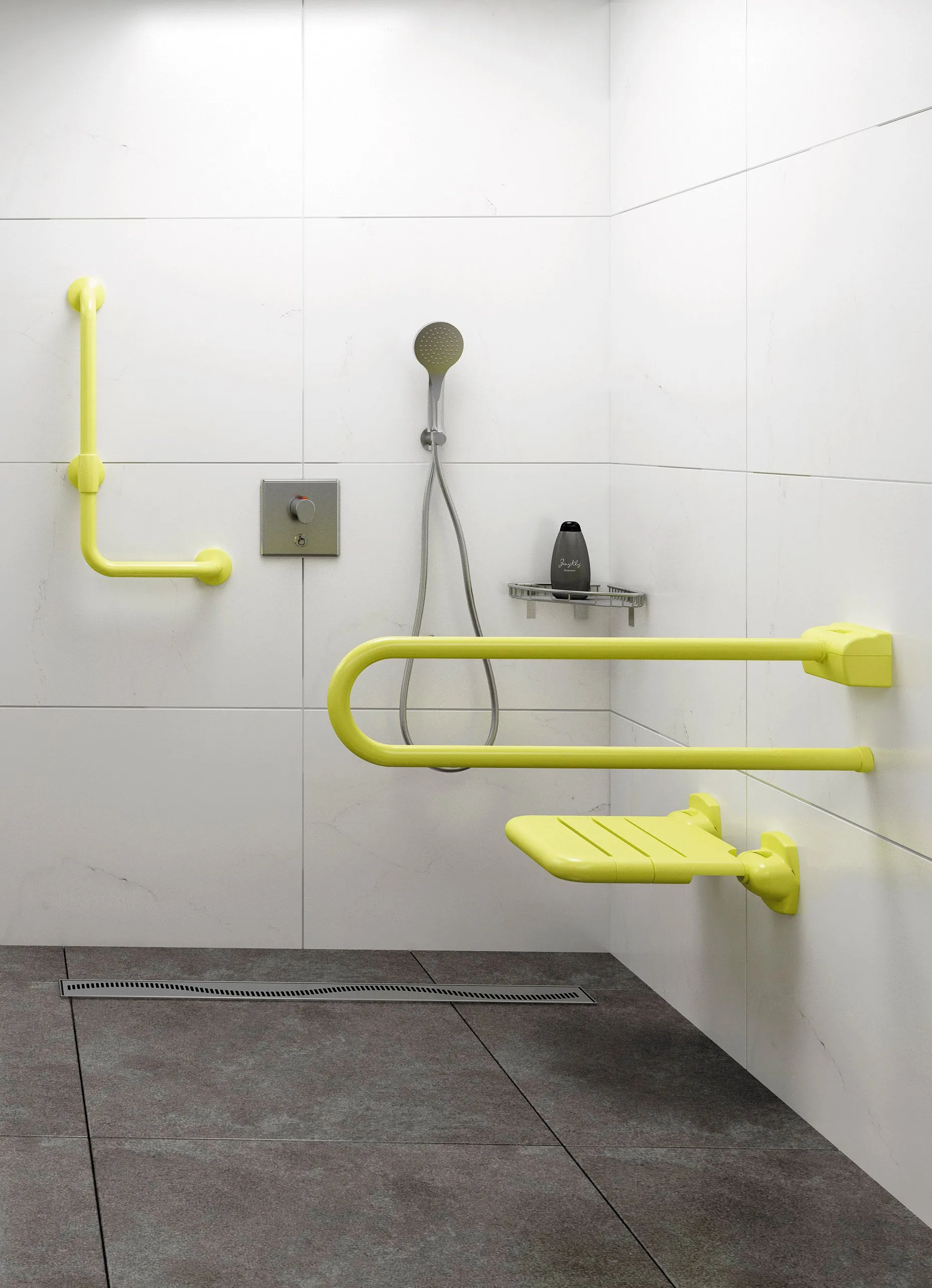 Vinyl Duschsitz klappbar antimikrobiell - Musterdusche - gelb