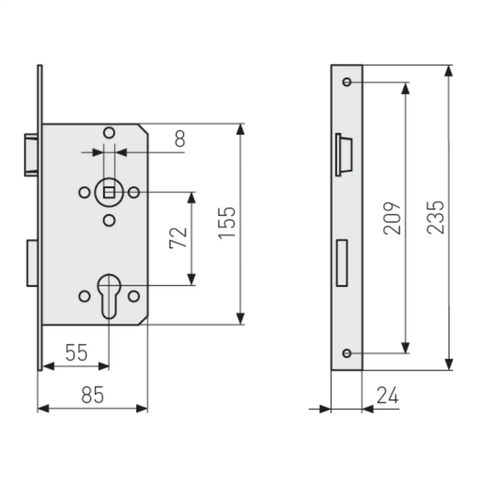 ABUS Einsteckschloss für Wohnungsabschlusstüren ES PZ2, eckiger Stulp - technische Zeichnung