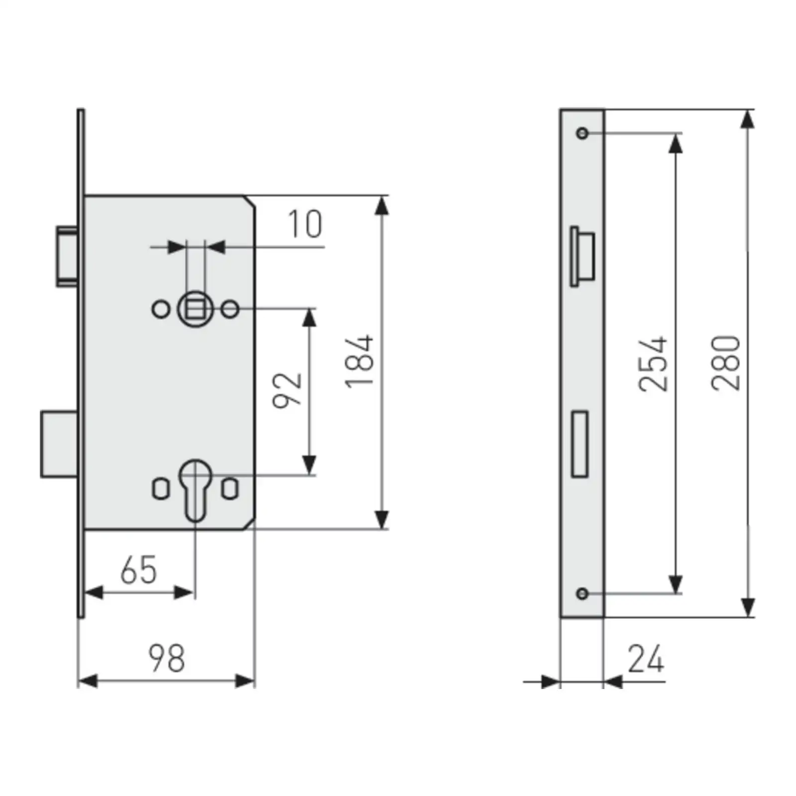 ABUS Einsteckschlösser für Haustüren ESHT PZ, eckiger Stulp - technische Zeichnung
