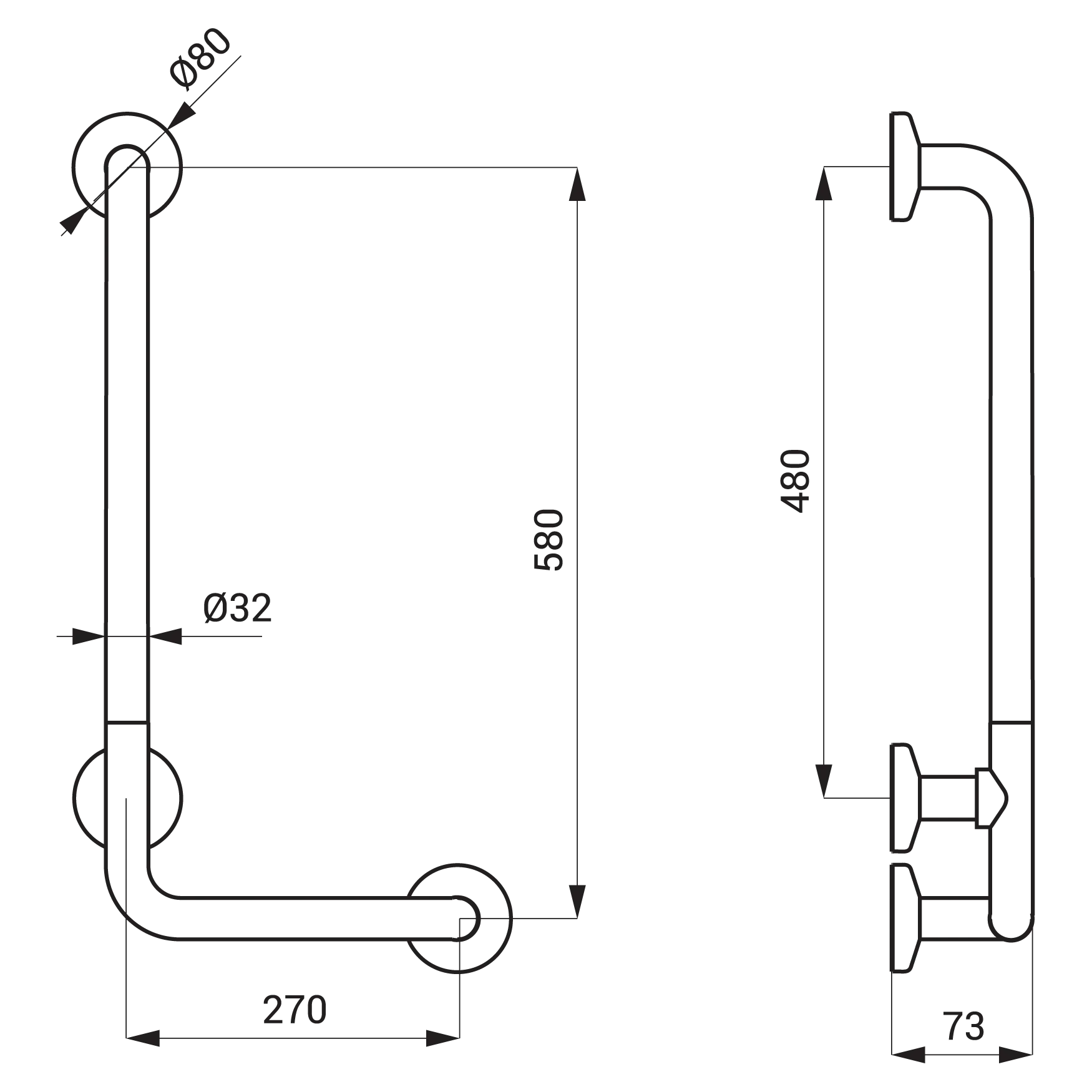 Edelstahl Winkelgriff 90°, 350x660 mm - links - technische Zeichnung