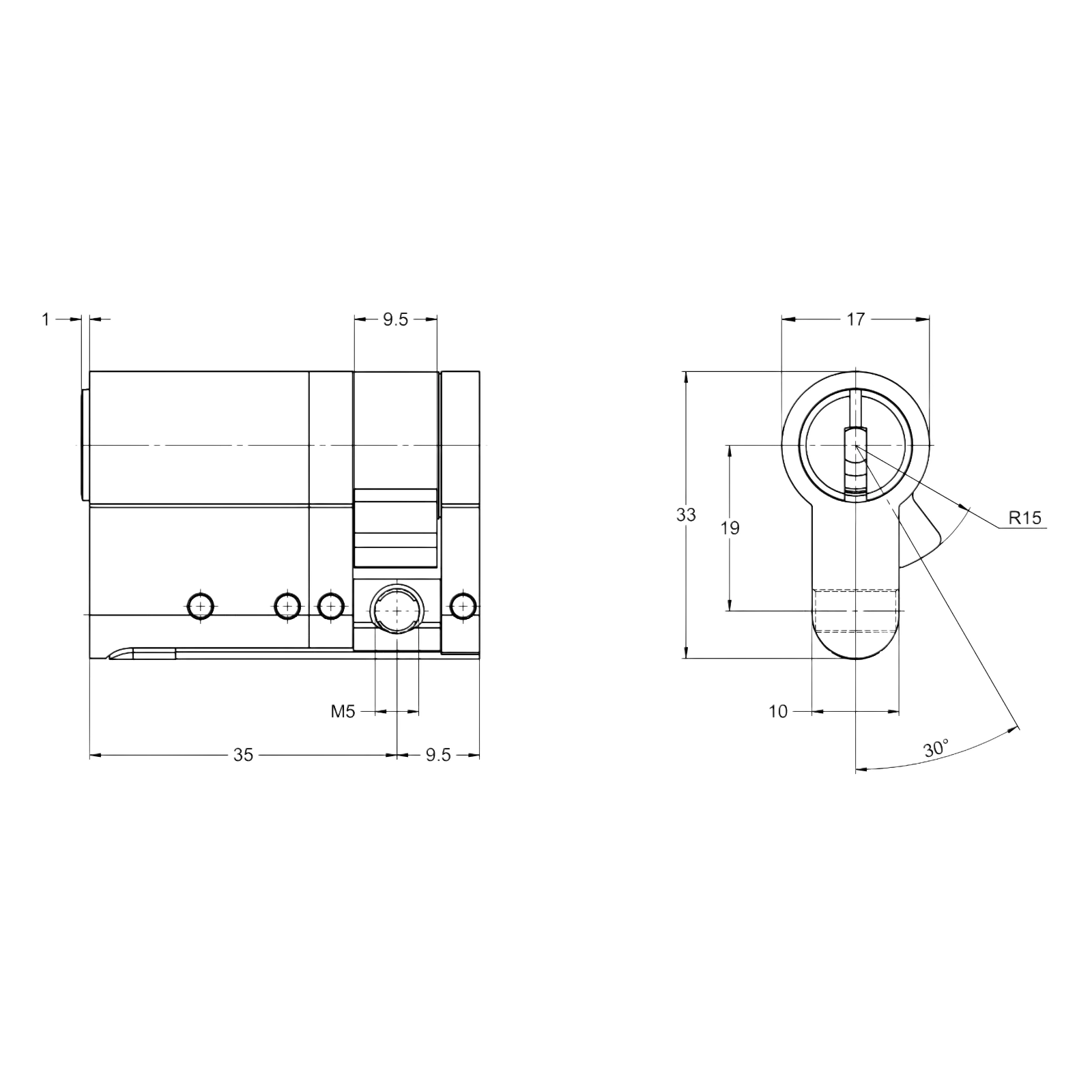 KESO 8000 Omega2 Halbzylinder FZG mit Freilauf - technische Zeichnung