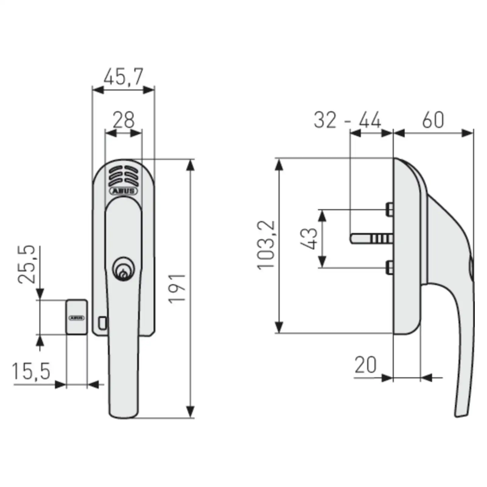 ABUS abschließbarer Fenstergriff mit Alarm FG300A - technische Zeichnung
