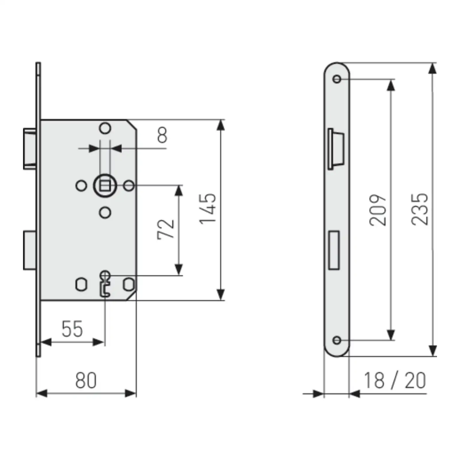 ABUS Einsteckschloss Zimmertür ES BB, runder Stulp - technische Zeichnung