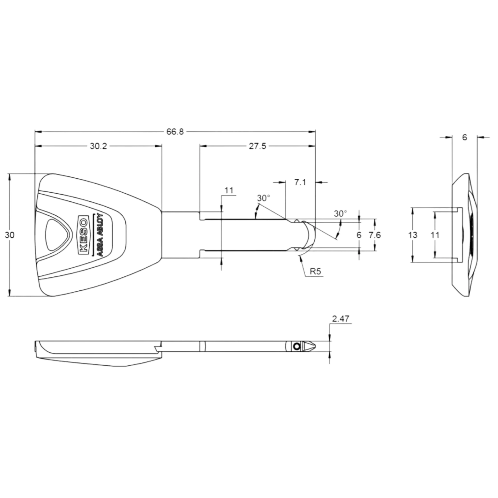 KESO 6000FP2 Nachschlüssel Lang - technische Zeichnung