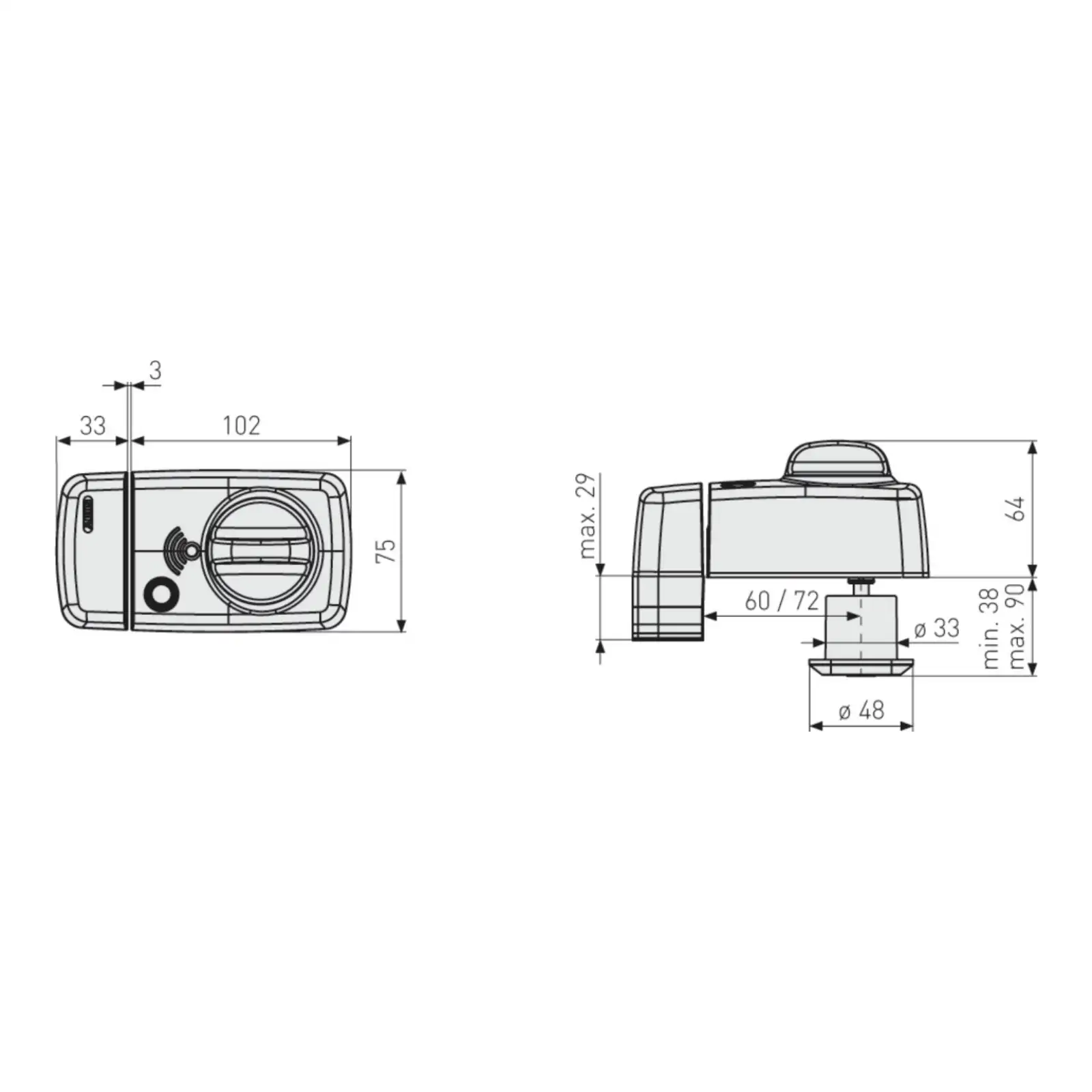 ABUS Tür Zusatzschlösser 7010A mit Alarm und EC550 Zylinder - technische Zeichnung