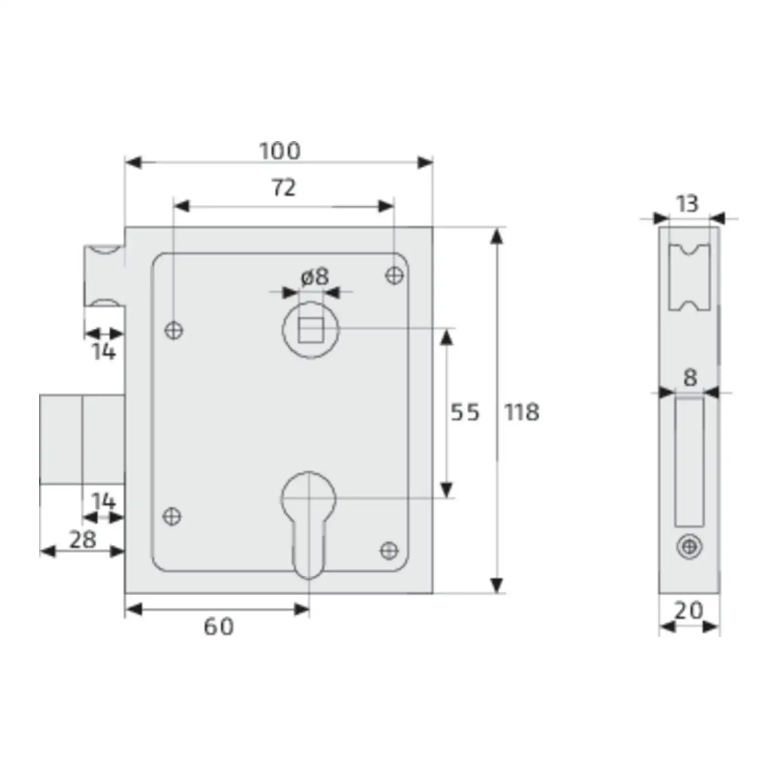 ABUS Aufschraubschloss ASS HF mit schließender Falle - technische Zeichnung
