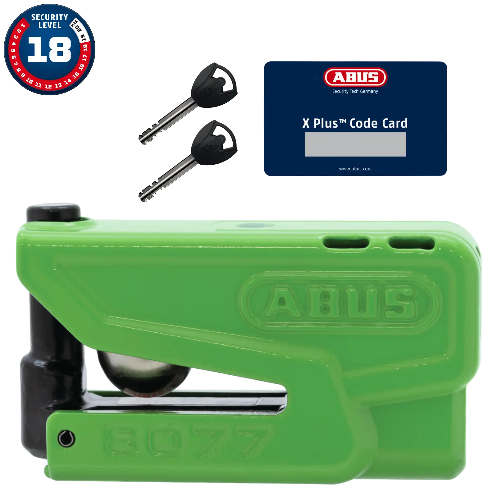 ABUS Motorrad Bremsscheibenschloss mit Alarm Granit Detecto XPlus 8077 2.0 - grün