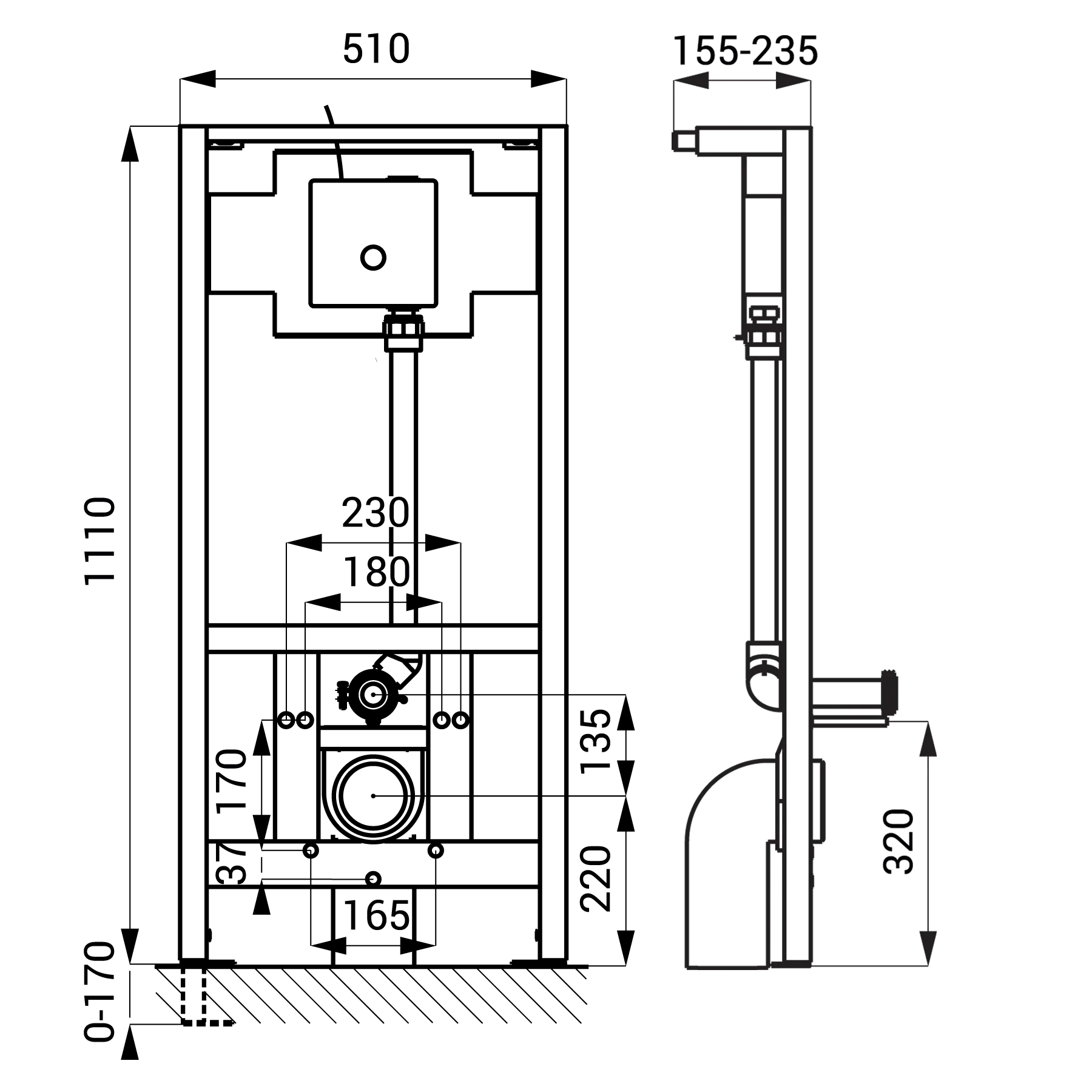 WC Vorwandelement mit matter Drückerplatte SLW10P - technische Zeichnung