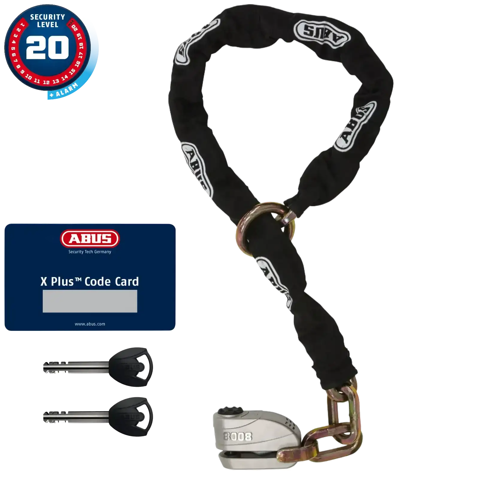 ABUS Motorradschloss mit Alarm und 120 cm Schlosskette Granit Detecto XPlus 8008 2.0