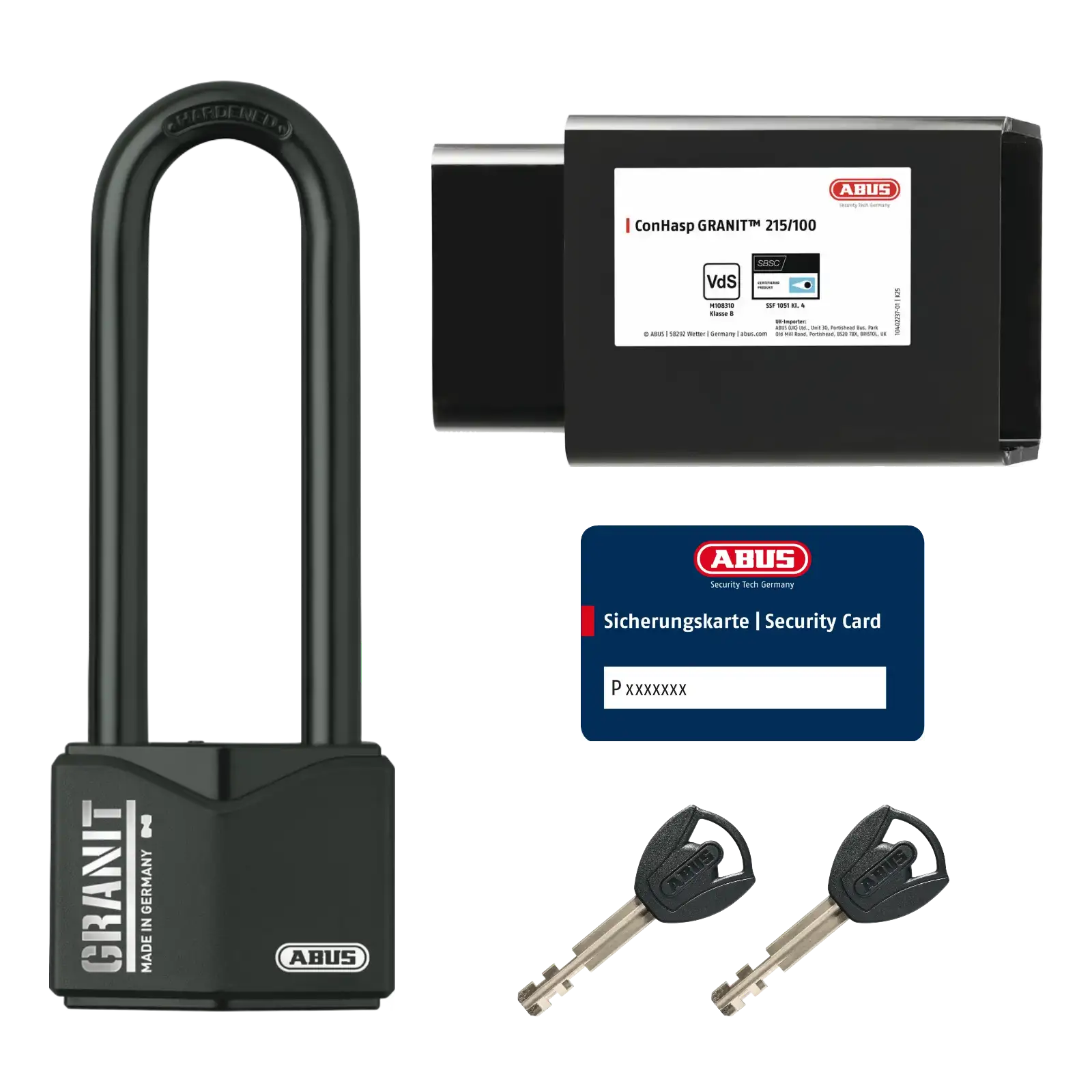 Containerschloss ABUS ConHasp Granit 215 mit Sicherungskarte und Vorhangschloss Granit 37/55HB100