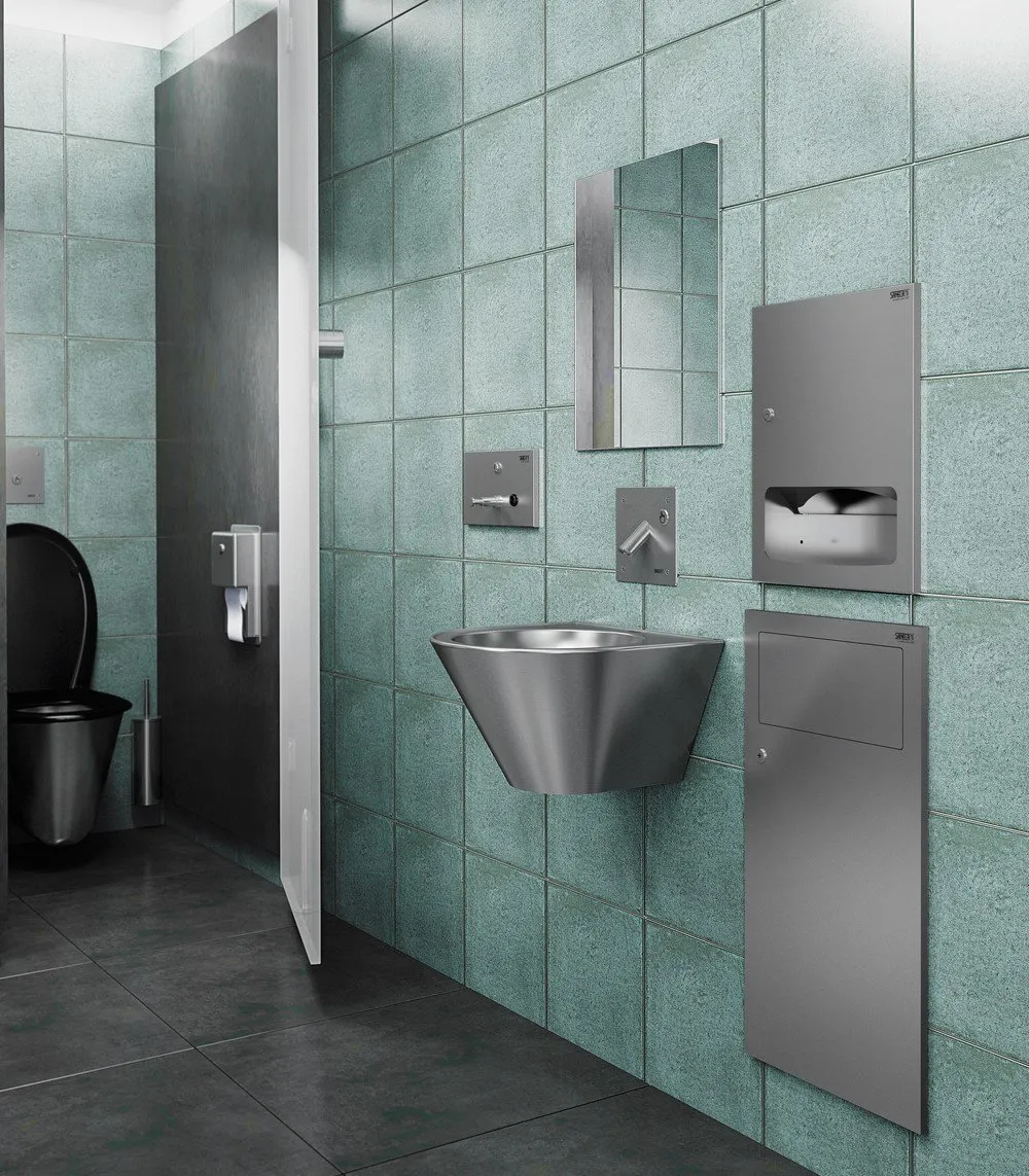 Edelstahl Wandarmatur SLU44P mit Anti-Ligatur-Auslauf und Piezo-Taster - Mustertoilette