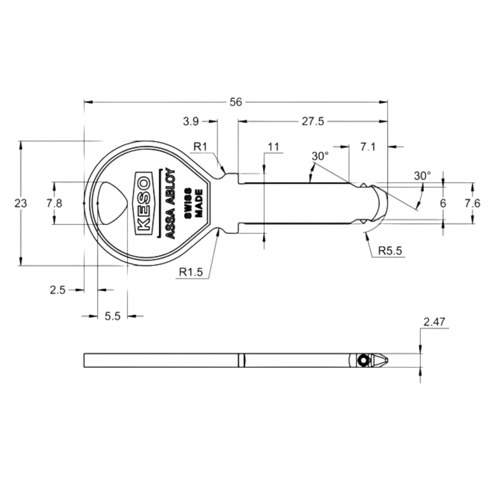 KESO 6000 FP2 Rundschlüssel - technische Zeichnung