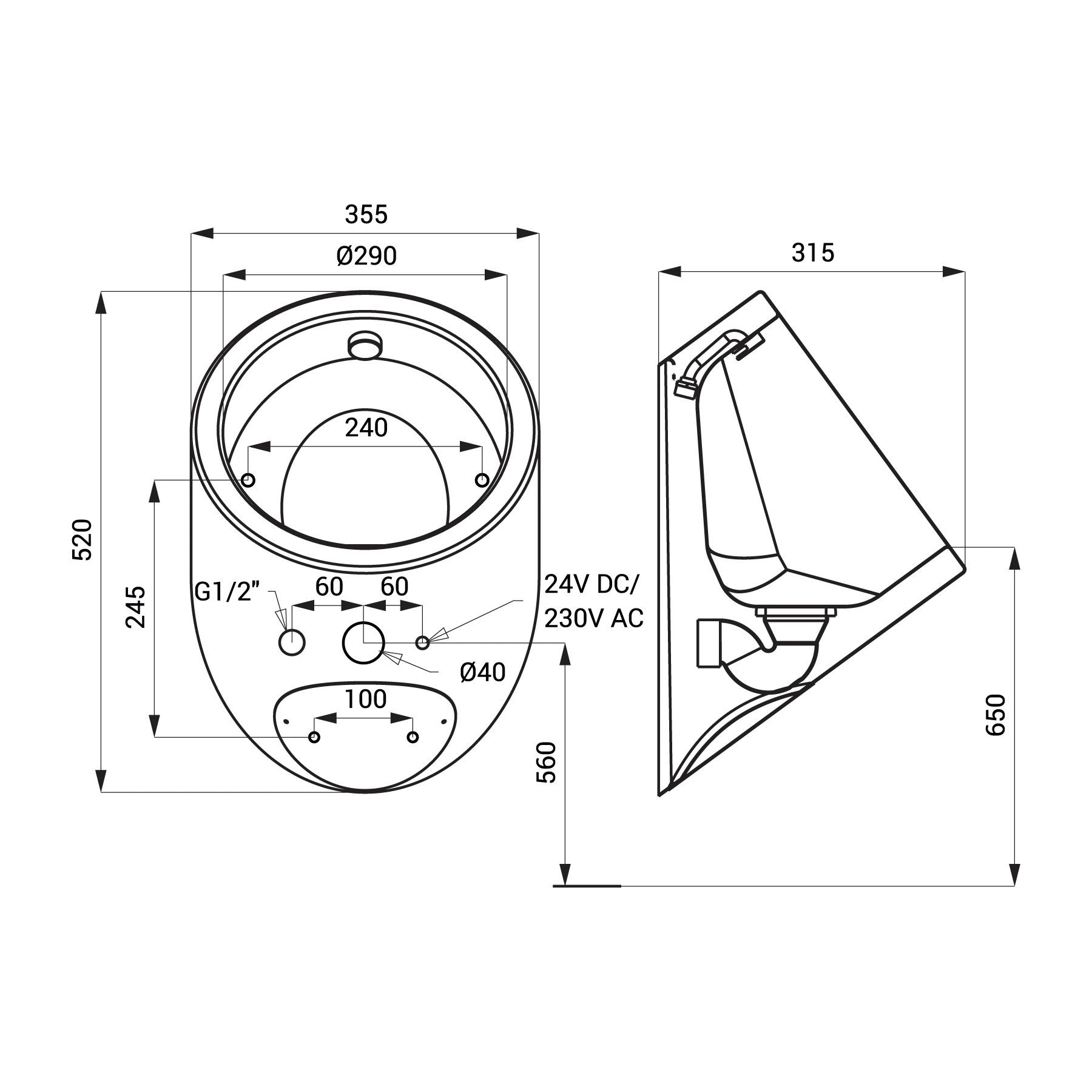 Edelstahl Urinal SLPN09C(Z) - technische Zeichnung