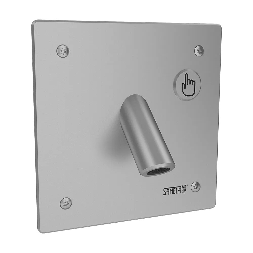 SANELA Edelstahl Wandarmatur SLU44P mit Anti-Ligatur-Auslauf und Piezo-Taster - 24 V Netzbetrieb