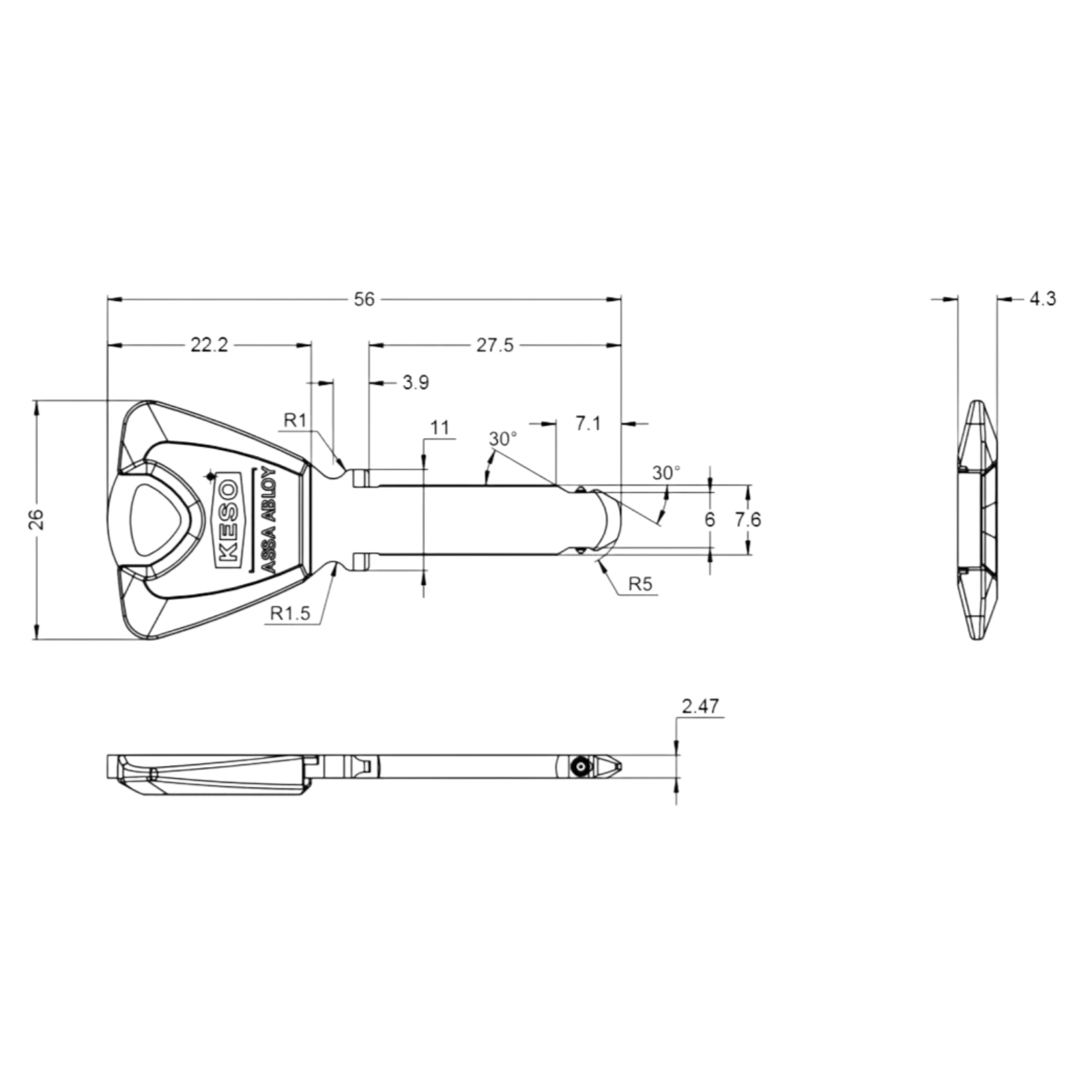 Technische Zeichnung KESO 8000 Omega² Trapezschlüssel 80.B01 oder 80.E01