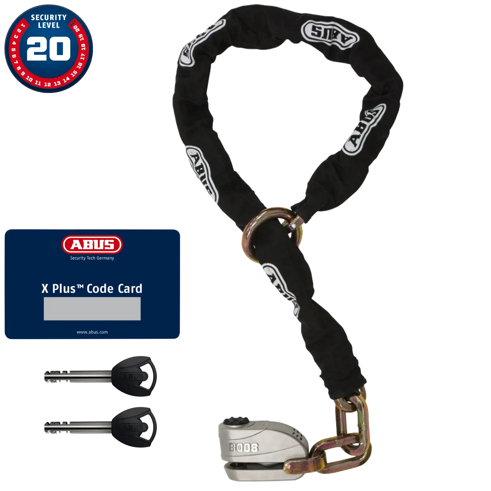 ABUS Motorrad Bremsscheibenschloss Granit Detecto XPlus 8008 2.0 mit Schlosskette 12KS/120