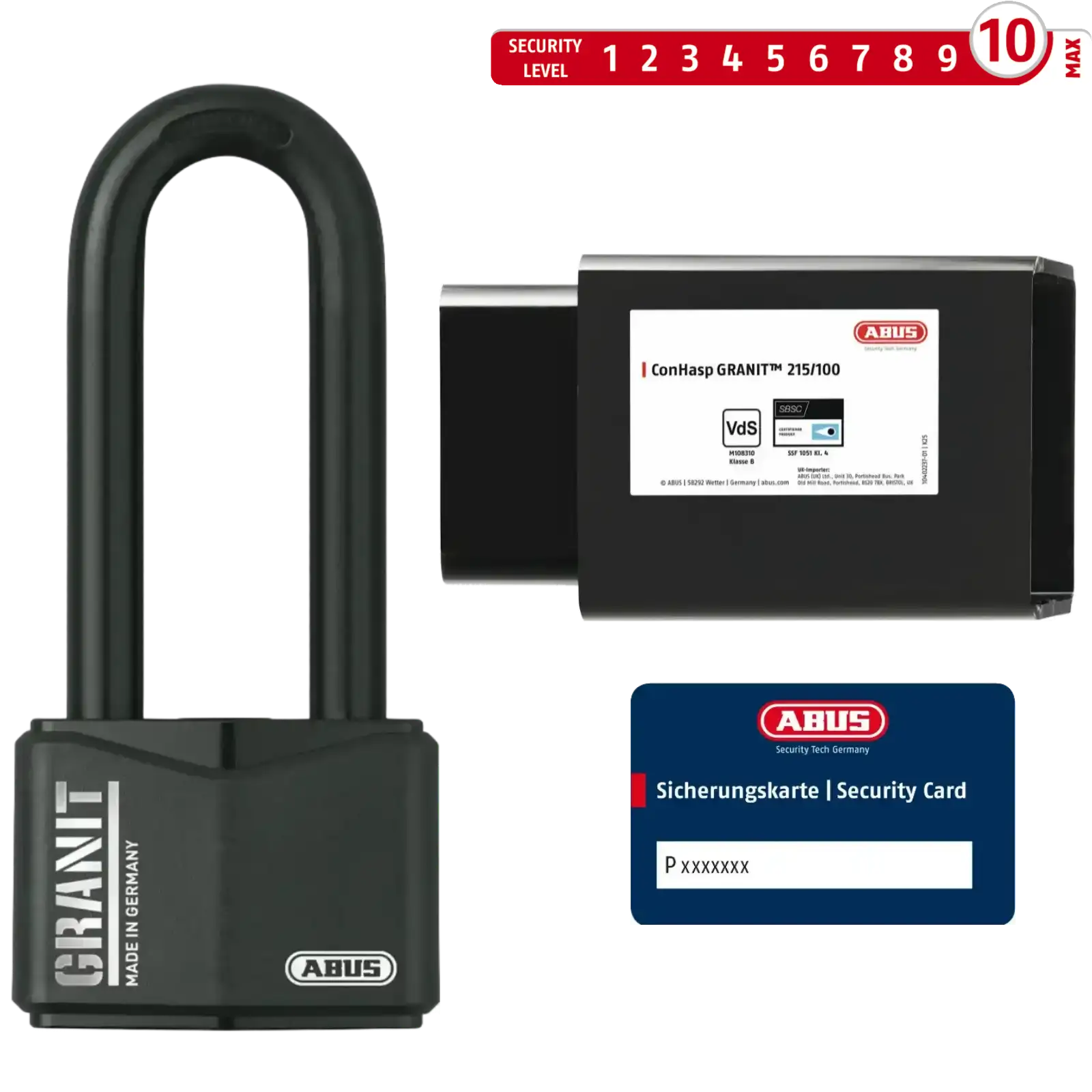 Containerschloss ABUS ConHasp Granit 215 mit Sicherungskarte und Vorhangschloss Granit 37RK/70HB100