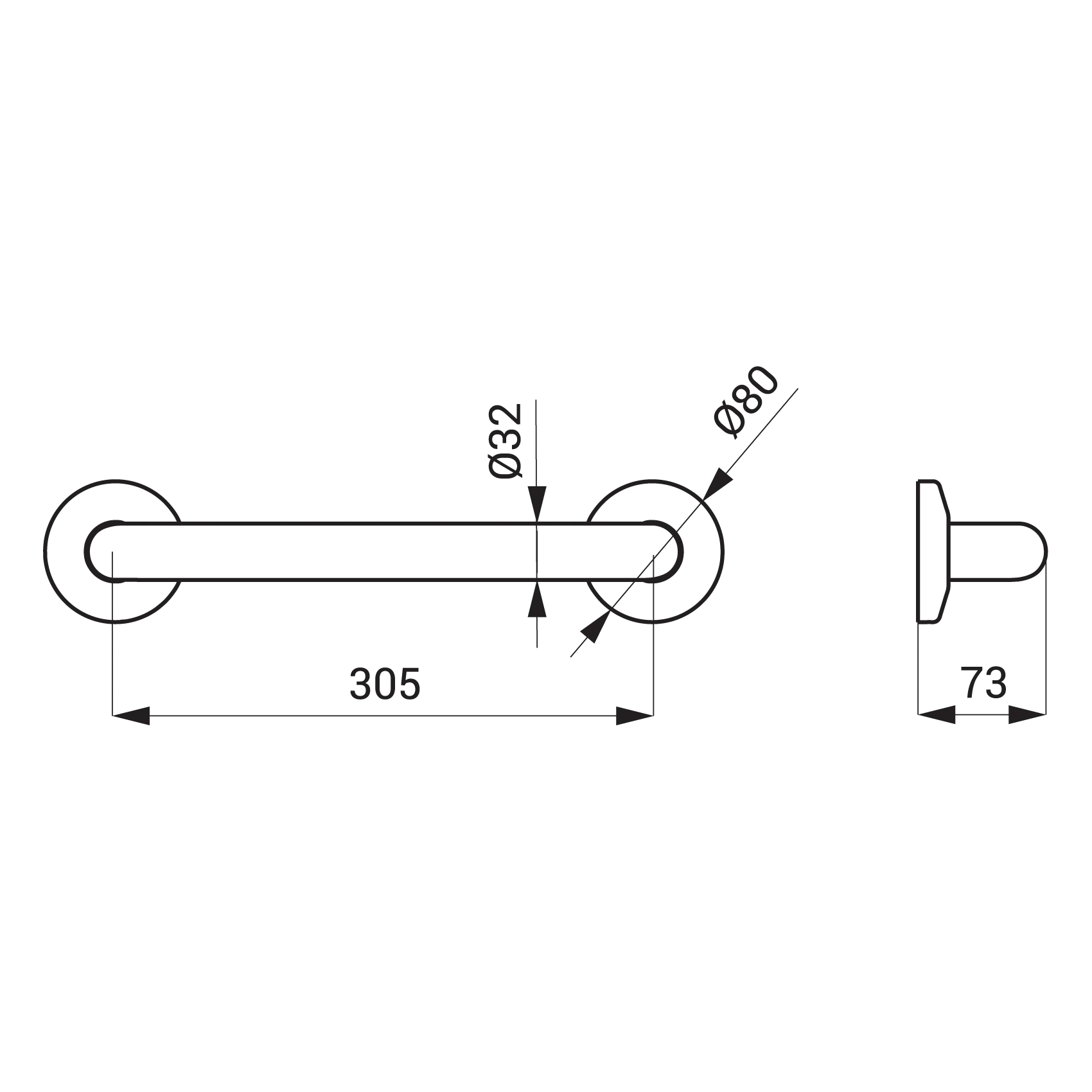 Edelstahl Haltegriff universal, 385 mm - technische Zeichnung
