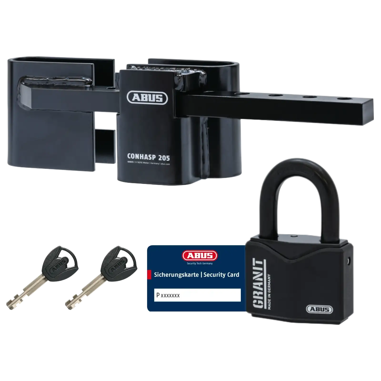 ABUS Containerschloss ConHasp 205 #SZP mit Sicherungskarte und Granit Vorhangschloss 37/55HB38