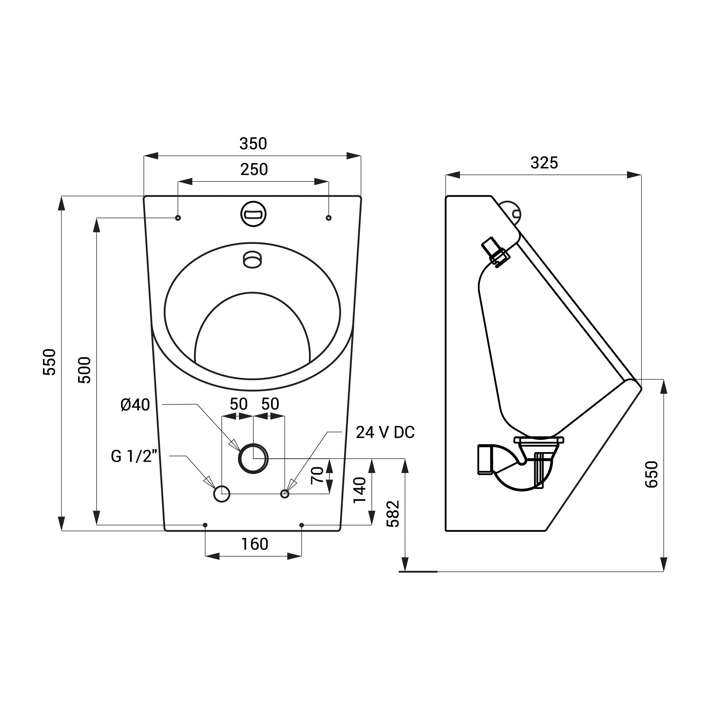 SANELA Edelstahl Urinal SLPN07E - technische Zeichnung