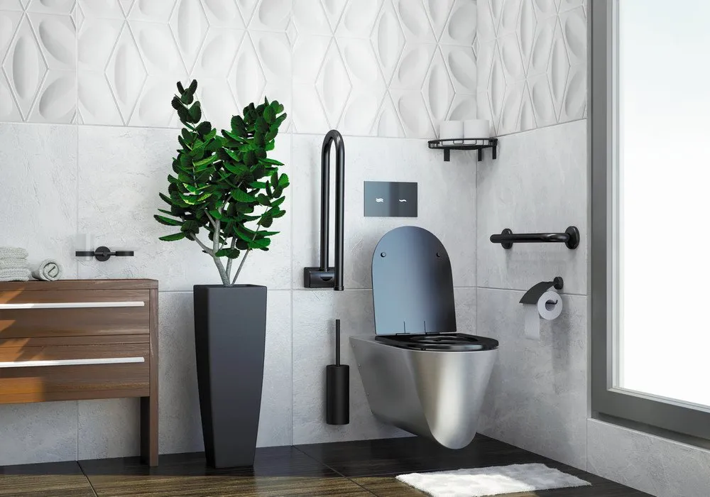 Vinyl Stützklappgriff und Haltegriffe schwarz, antimikrobiell - Mustertoilette