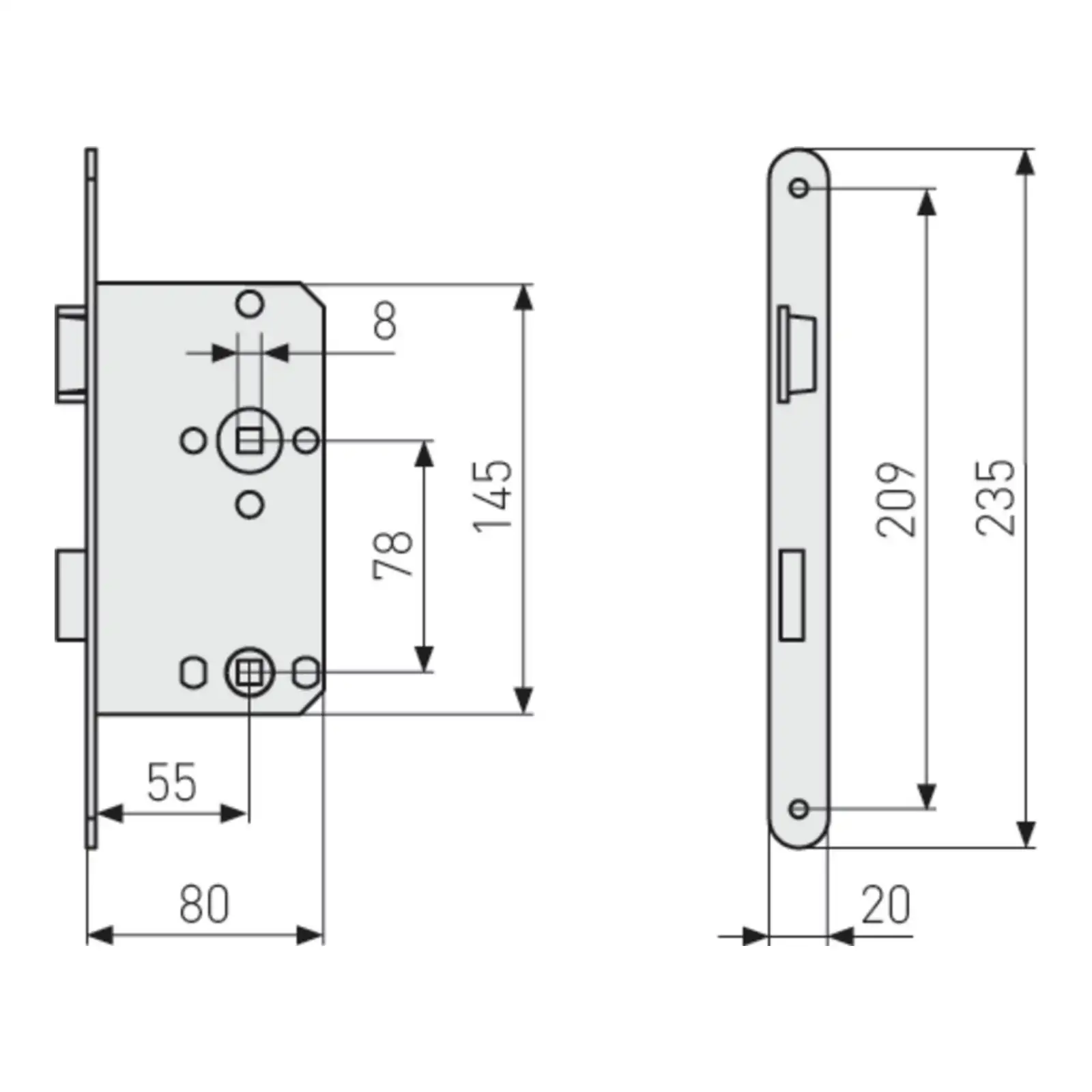 ABUS Einsteckschloss WC-Tür ES WC, runder Stulp - technische Zeichnung