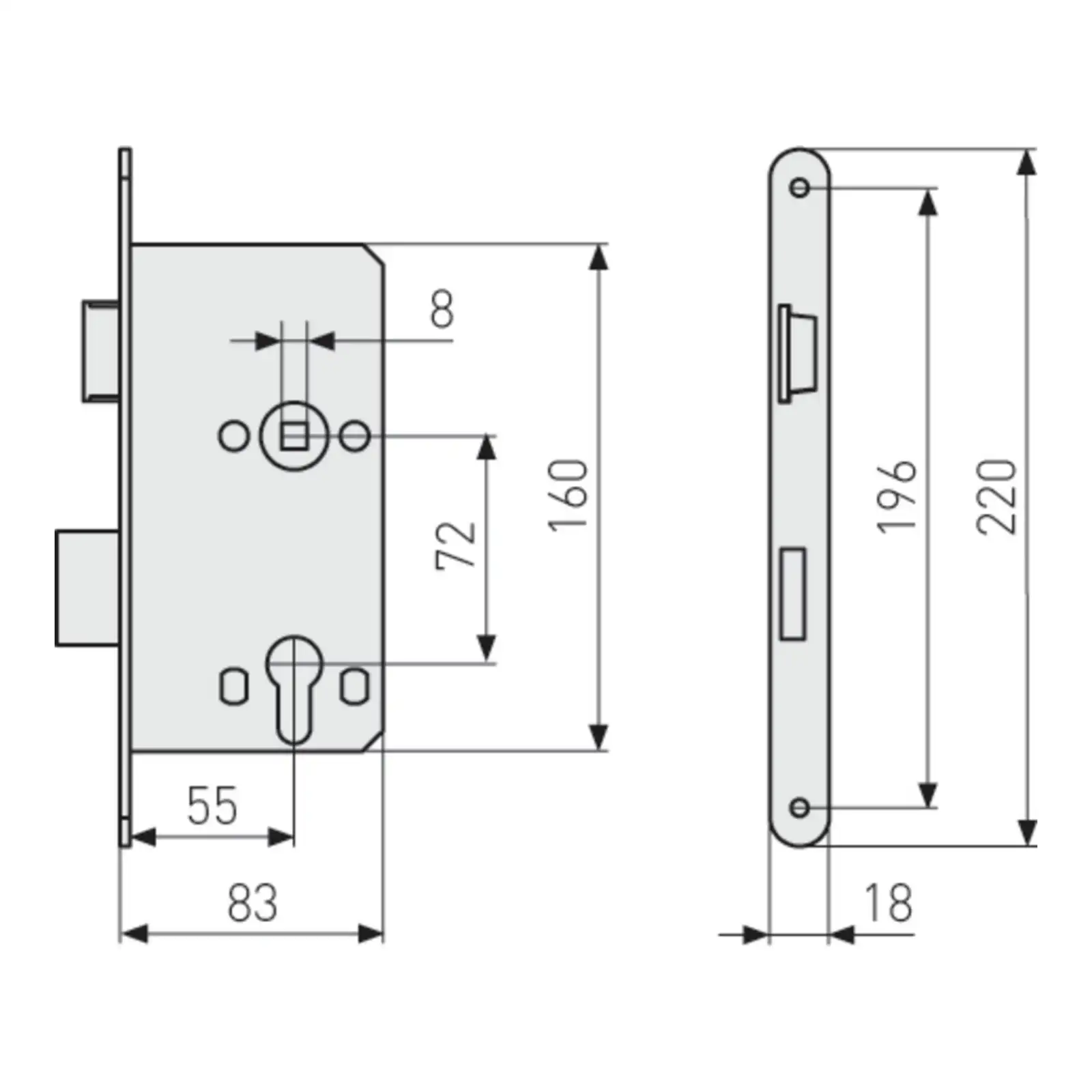 ABUS Einsteckschloss für Wohnungsabschlusstüren ES TGL PZ - technische Zeichnung
