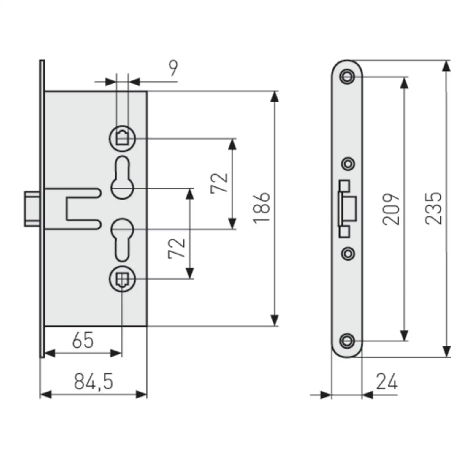 ABUS Einsteckschloss für Feuerschutztüren EFS65, runder Stulp - technische Zeichnung