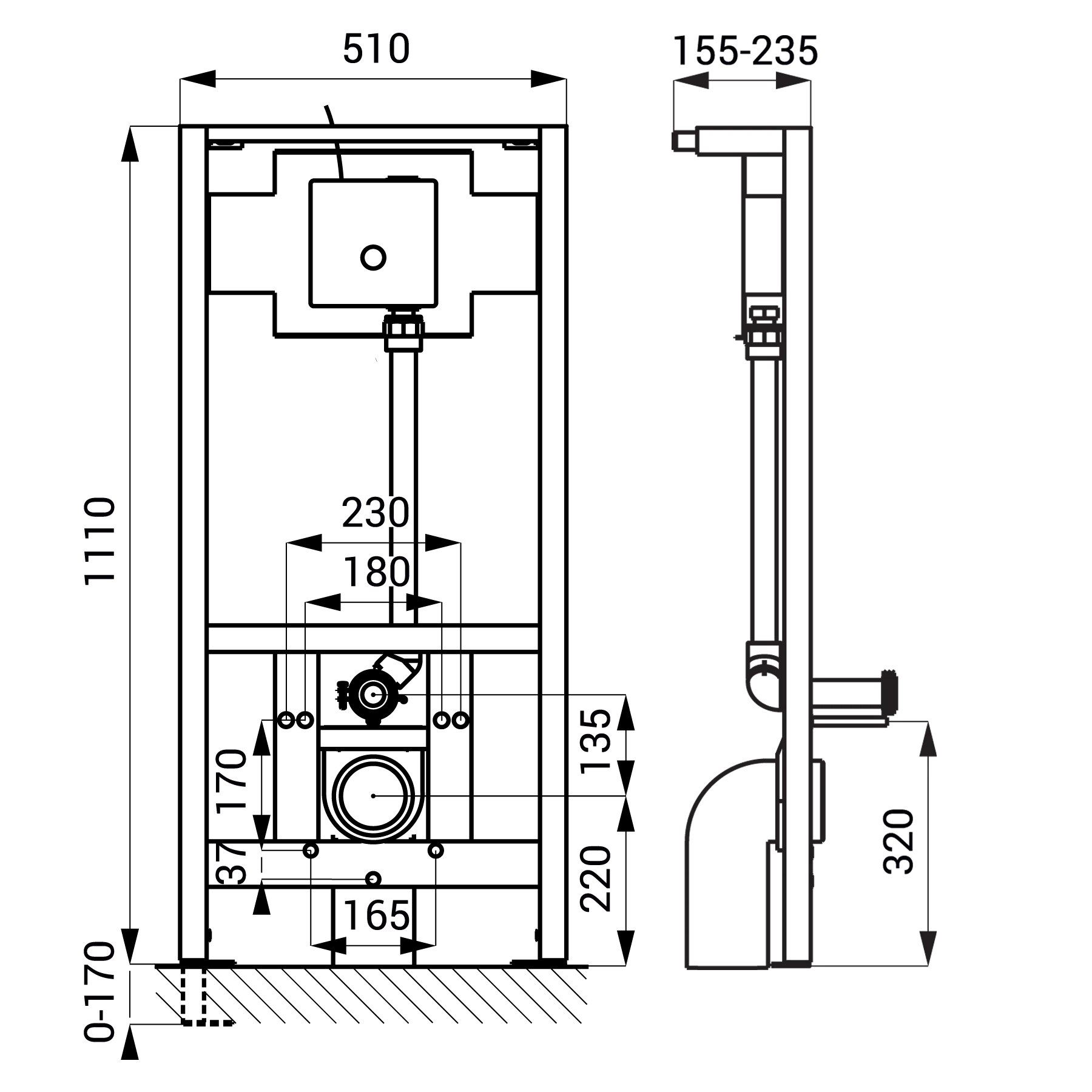 WC Vorwandelement mit Drückerplatte SLW10PA - technische Zeichnung