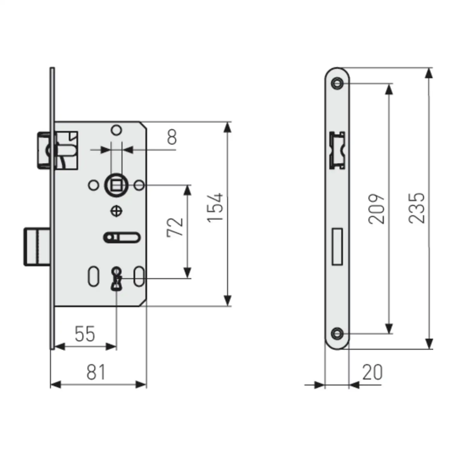 ABUS Einsteckschloss Zimmertür ES BB universal, runder Stulp - technische Zeichnung